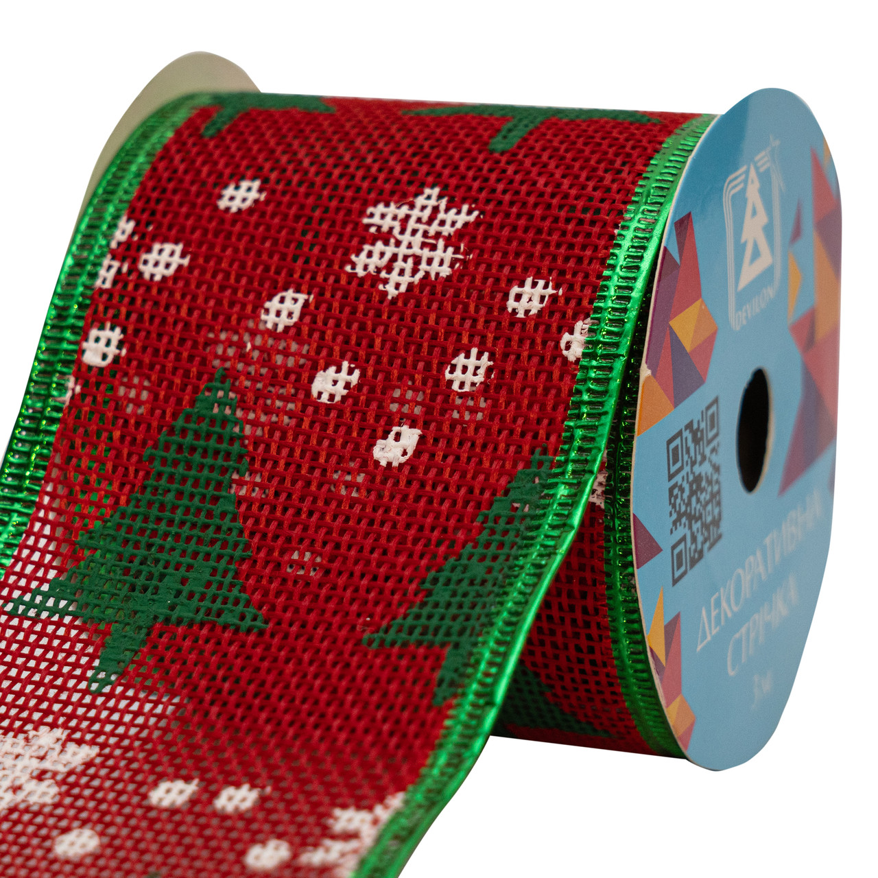 Декоративна стрічка в рулоні зелена ялинка та біла сніжинка, 3 м, 6,3 см, поліестер (082635), фото 1