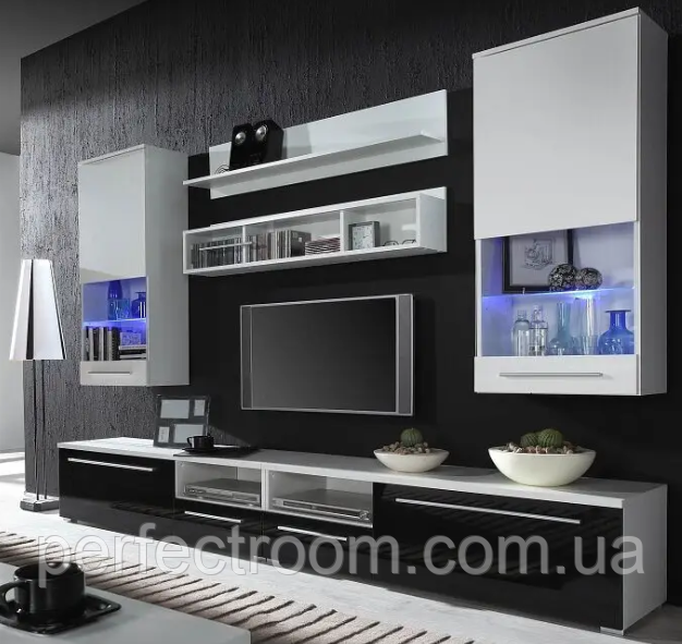 Стінка в зал із вітриною, модульна вітальня Cama Luna 190x260x44 см Білий мат/чорний глянець