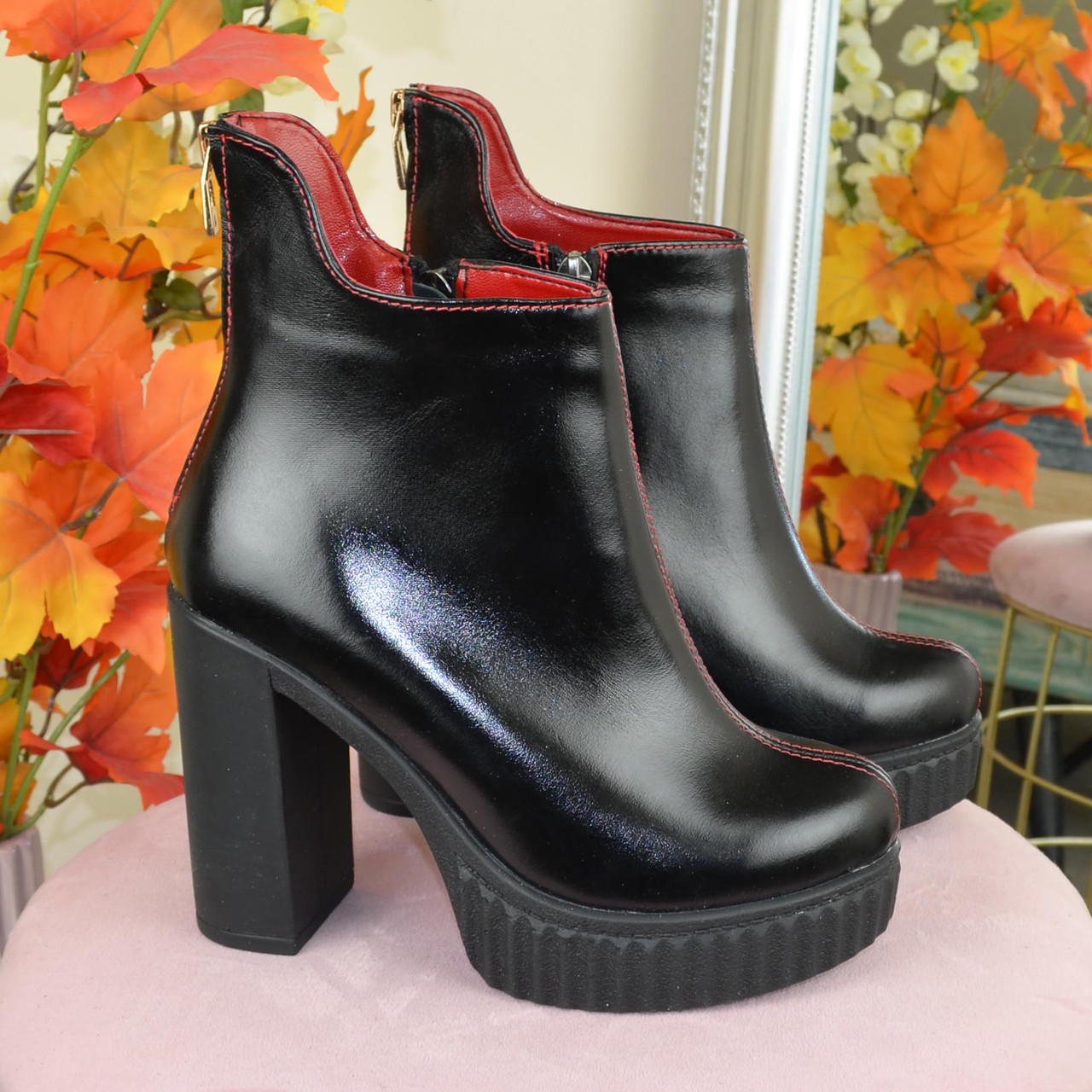 Черевики лакові на високому каблуці, декоровані блискавкою, фото 1