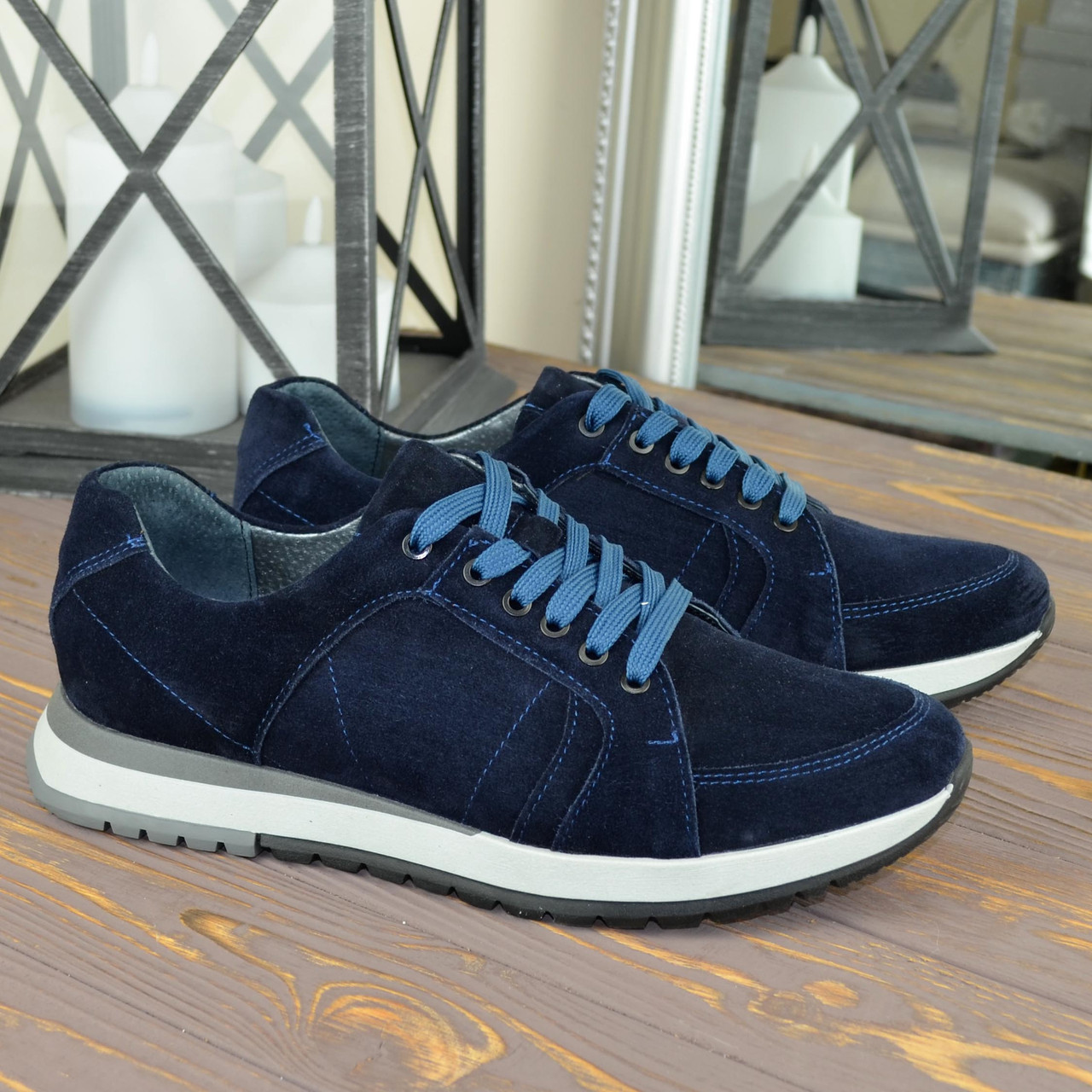 Сині кросівки чоловічі на шнурівці, натуральна замша, фото 1