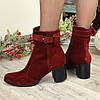 Черевики жіночі замшеві на невисокому каблуці, декоровані ремінцем. Колір бордо, фото 2