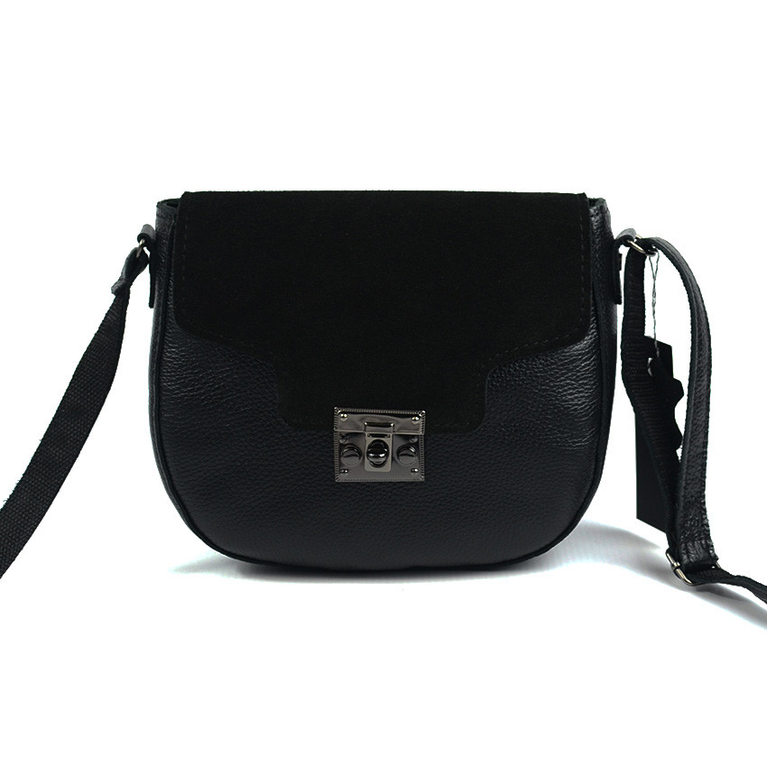 Маленька чорна замшева сумка крос-боді з натуральної замші та шкіри, Овальна жіноча шкіряна міні сумочка