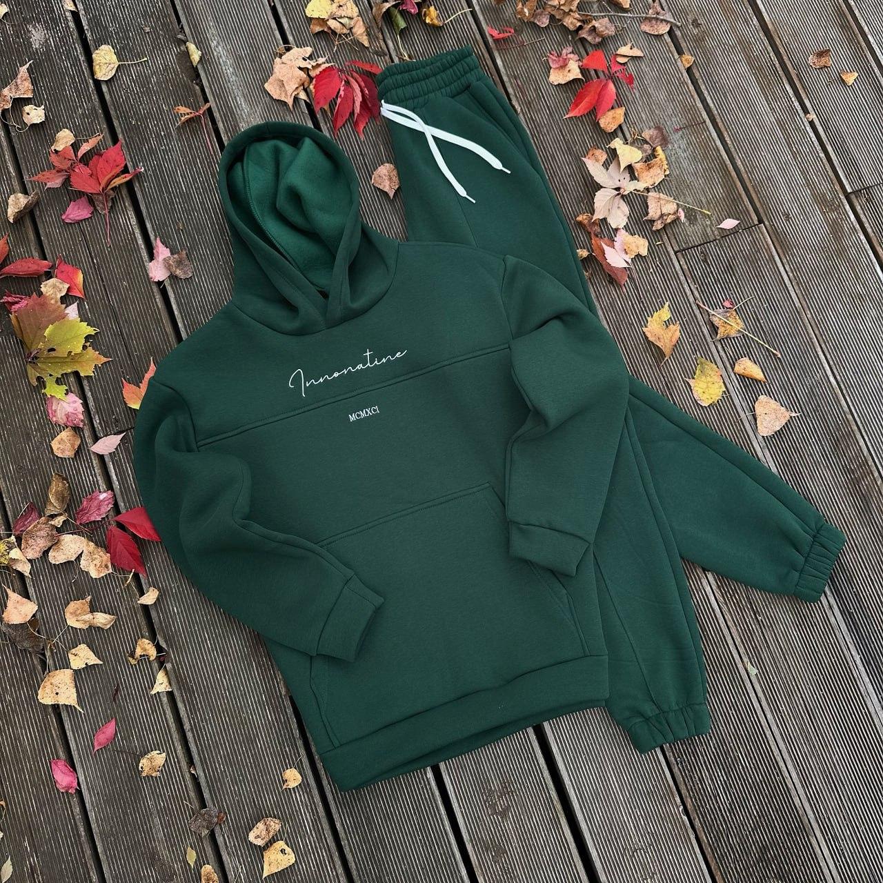 Спортивний костюм чоловічий зимовий теплий Mcmxci зелений комплект толстовка з капюшоном штани на флісі, фото 1