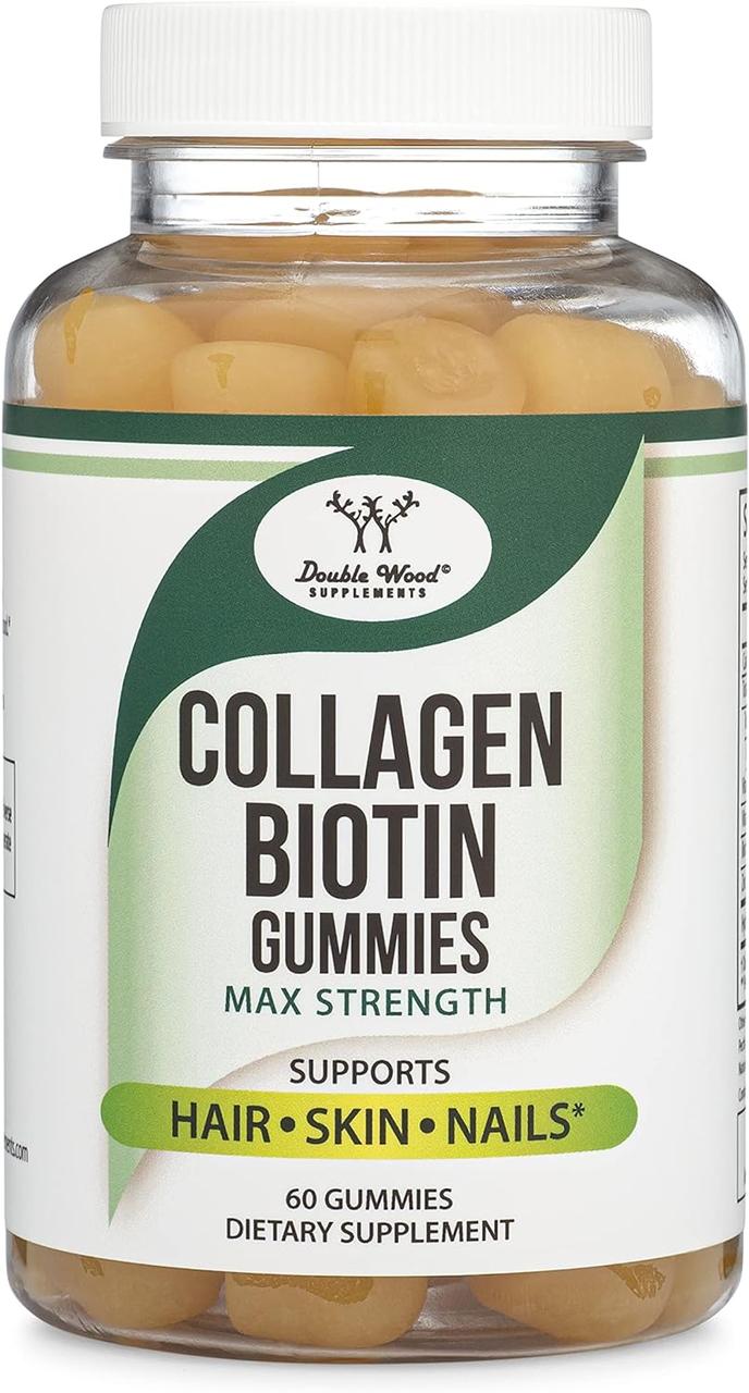 Колаген Double Wood Supplements Collagen Gummies with Biotin and Zinc (for Hair Skin and Nails) 60 Gummies, фото 1