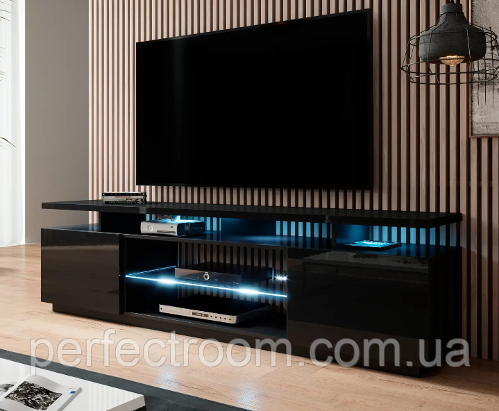 Пряма тумба під телевізор зі скляними полицями Cama Eva 180/56/40 см чорний глянець - фото 1 - id-p1993003997