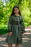Сукня для дівчинки "Перунів цвіт", льон-хакі арт. 4355
