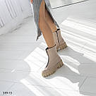 Жіночі шкіряні зимові черевики бежевого кольору з блискавкою спереду, фото 3