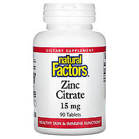 Natural Factors, цитрат цинка, 15 мг, 90 таблеток витамины микроэлементы пищевая добавка для имунитета кожи