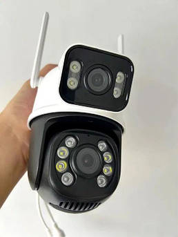 Поворотна Камера відеоспостереження 6 MP 4K WI FI IP зовнішня вулична з двома лінзами ICSEE PTZ