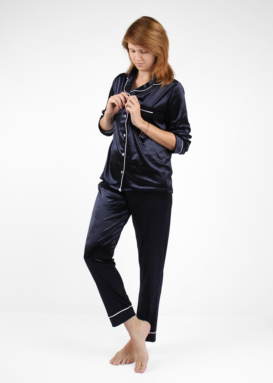 Піжама жіноча з довгим рукавом велюрова темно-синя S (742171), M (742172), L (742173), XL (742174) L