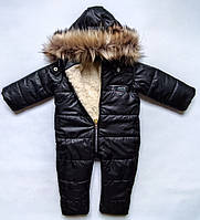 Дитячий зимовий комбінезон на овчині для хлопчика 1-4 роки/ Цільний чорний комбез для дітей із капюшоном — зима