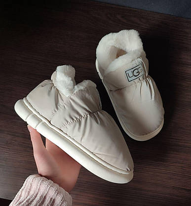 Дутики UGG БІЖОВІ з БІЛОЮ галявкою високі жіночі без застібки непромокаючі зимові, фото 3