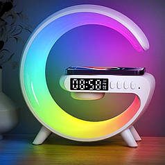 Нічник — годинник акумуляторний Rgb Mini G63 з бездротовою зарядкою 10W і Bluetooth колонкою настільний смарт