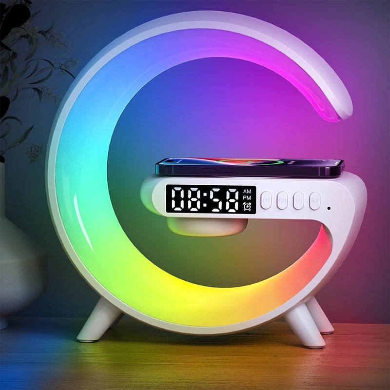 Ночник - часы аккумуляторный Rgb Mini G63 с беспроводной зарядкой 10W и Bluetooth колонкой настольная смарт, фото 1