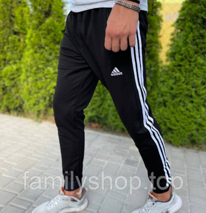 Чоловічі спортивні штани Adidas на флісі теплі зимові з манжетами, чорні, розмір 46, 48, 50, 52, 54, 56
