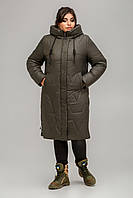 Зимнее стеганое пальто большой размер 50 52 54 56 58 60 Мария хаки