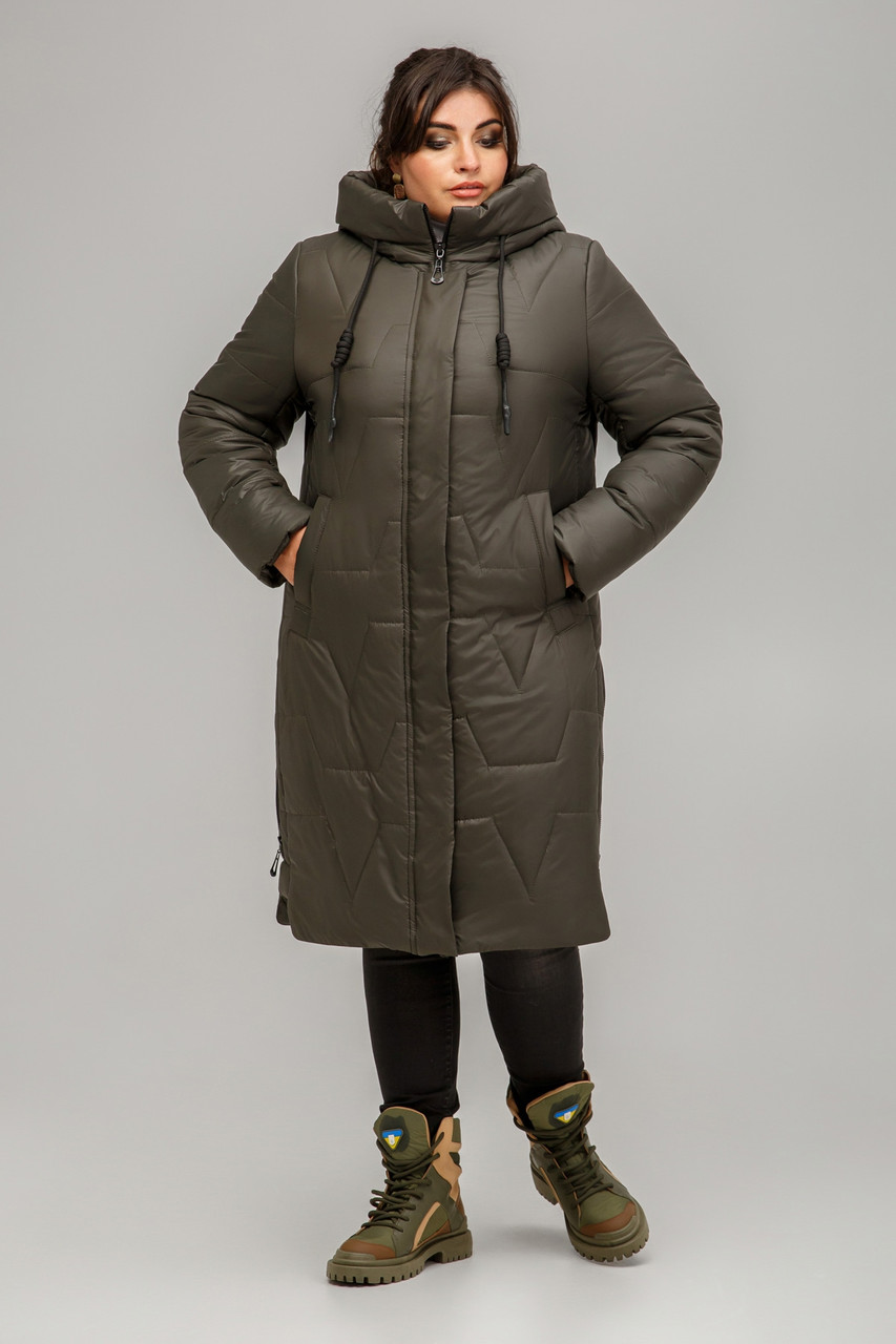 Зимове стьобане пальто великий розмір 50 52 54 56 58 60 Марія хаки