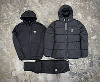 Теплый комплект 3в1 куртка зимняя+кофта на змейке+штаны Adidas, утепленный спортивный костюм черный Адидас