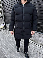 Мужская стильная тёплая удлинённая зимняя куртка с капюшоном чёрная