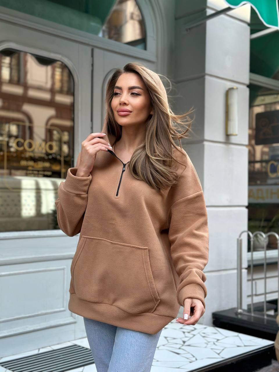 Кавове жіноче худі з флісу з капюшоном One size