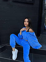 Женский теплый спортивный костюм, брюки+zip топ с капюшоном, 42-46, малина и синий, велюр.