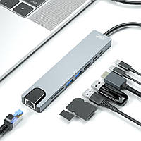 Розгалужувач перехідник USB-хаб XO HUB003 8-in1 Type-C to 4K HDMI/RJ45/SD/TF/Type-C/USB3.0/PD