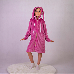 Дитячий теплий махровий рожевий халат для дівчинки на блискавці з вушками