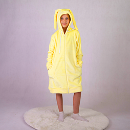 Дитячий теплий махровий лимонний халат для дівчинки на блискавці з вушками