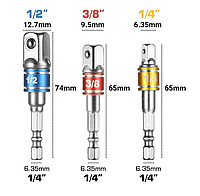 Переходник адаптер для бит с шестигранника 6,32 мм (1/4") на квадрат 12,7мм(1/2") 9,5мм(3/8") 6,35(1/4") 3 шт
