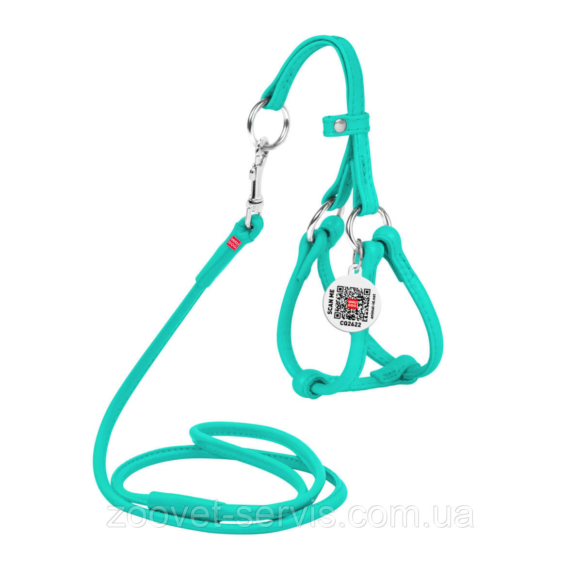 Шкіряна кругла шлея WAUDOG Glamour 6мм з повідцем 105 см для довгошерстних котів і дрібних собак Ментолова XXS