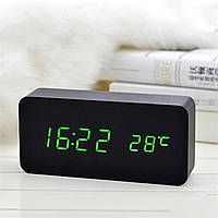 Настільні годинники Wooden Watch електронні світлодіодні з будильником USB 15см Чорно-зелені