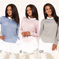 Женская блуза рубашка трикотаж с люрексом + софт длинный рукав размеры норма