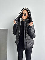 Зимний женский пуховик еврозима короткий с капюшоном, теплая лаковая куртка для женщин синтепух Черный, 46
