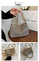 Портативна гламурна жіноча сумка через плече з яскравими діамантами та металевими ланцюжками зі штучного матеріалу для званих обід