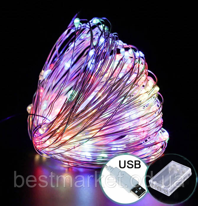 Світлодіодна Гірлянда Нитка Крапля на дроті 50Led 5 м Мульти на Батарейках+USB