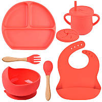 Набор силиконовой посуды Y6 трехсекционная тарелка,поильник,ложка вилка деревянные,слюнявчик Красный v-11134