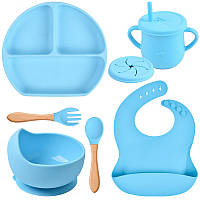 Набор силиконовой посуды Y9 трехсекционная тарелка,поильник,ложка вилка деревянные,слюнявчик Голубой n-11137