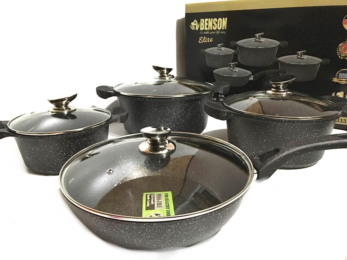 Набір каструль Benson BN-333 8 пр з антипригарним покриттям + сковорода Чорний, фото 1