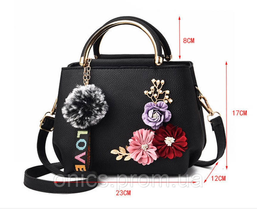 Женская мини сумочка с цветочками и меховым брелком. Маленькая сумка с цветами хорошее качество - фото 7 - id-p1992690259
