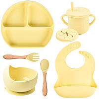 Набор силиконовой посуды Y11 трехсекционная тарелка,поильник,ложка вилка деревянные,слюнявчик Желтый v-11139