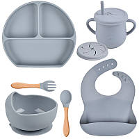 Набор силиконовой посуды Y18 трехсекционная тарелка,поильник,ложка вилка деревянные,слюнявчик Серый n-11146