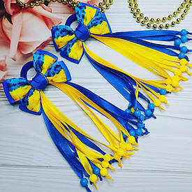 Модний бант в українському стилі на резинкі для волосся (бантик жовто-синій з підвісками під вишиванку в школу канзаші)
