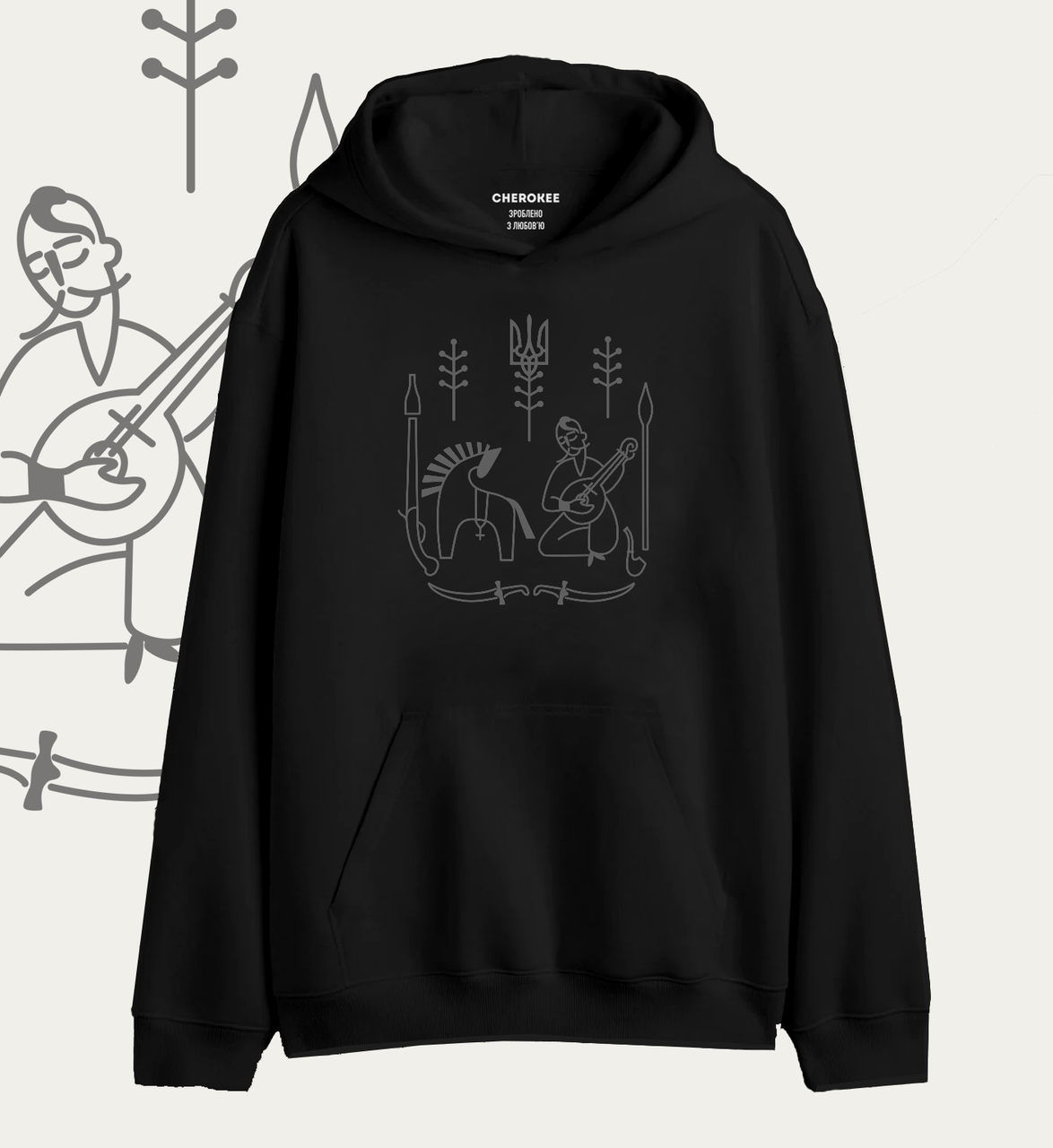 Худі-реглан унісекс чорний фліс С  з українським орнаментом "Козак Мамай" -2683, фото 1