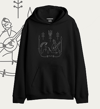 Худі-реглан унісекс чорний фліс С  з українським орнаментом "Козак Мамай" -2683