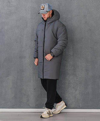 Куртка зимова чоловіча пуховик подовжений сірий тепла парка з капюшоном синтепух