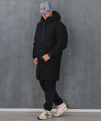 Куртка зимова чоловіча пуховик подовжений чорний тепла парка з капюшоном синтепух