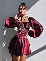 Розкішна жіноча атласна міні сукня із розкльошеною спідницею та корсетом декорованим бахромою зі стразами Dp08