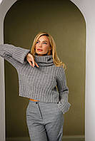 Женский свитер Теплый шерстяной свитер с мохером Вязанный укороченный свитер с широкими рукавами и воротником