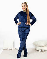 Пижама женская костюм домашний махровый кофта со штанами Темно-Синий
