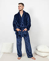 Пижама костюм мужской домашний махровый халат со штанами Темно-синий XL